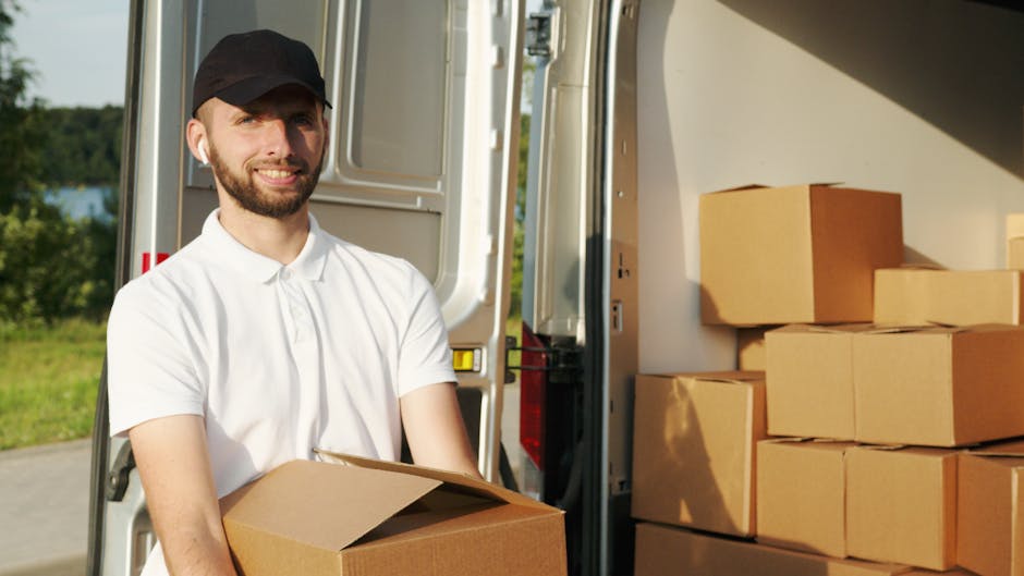 A man with a beard wearing a white polo shirt and a black cap is standing outside during daylight, holding a cardboard box near the back of a moving van. The van's open rear doors reveal a loading are